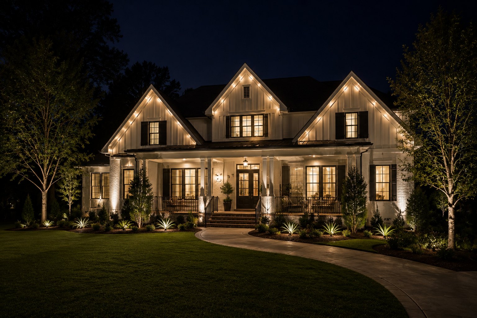 White farmhouse-style Atlanta home with warm-white gable accent lighting and landscape uplighting at night