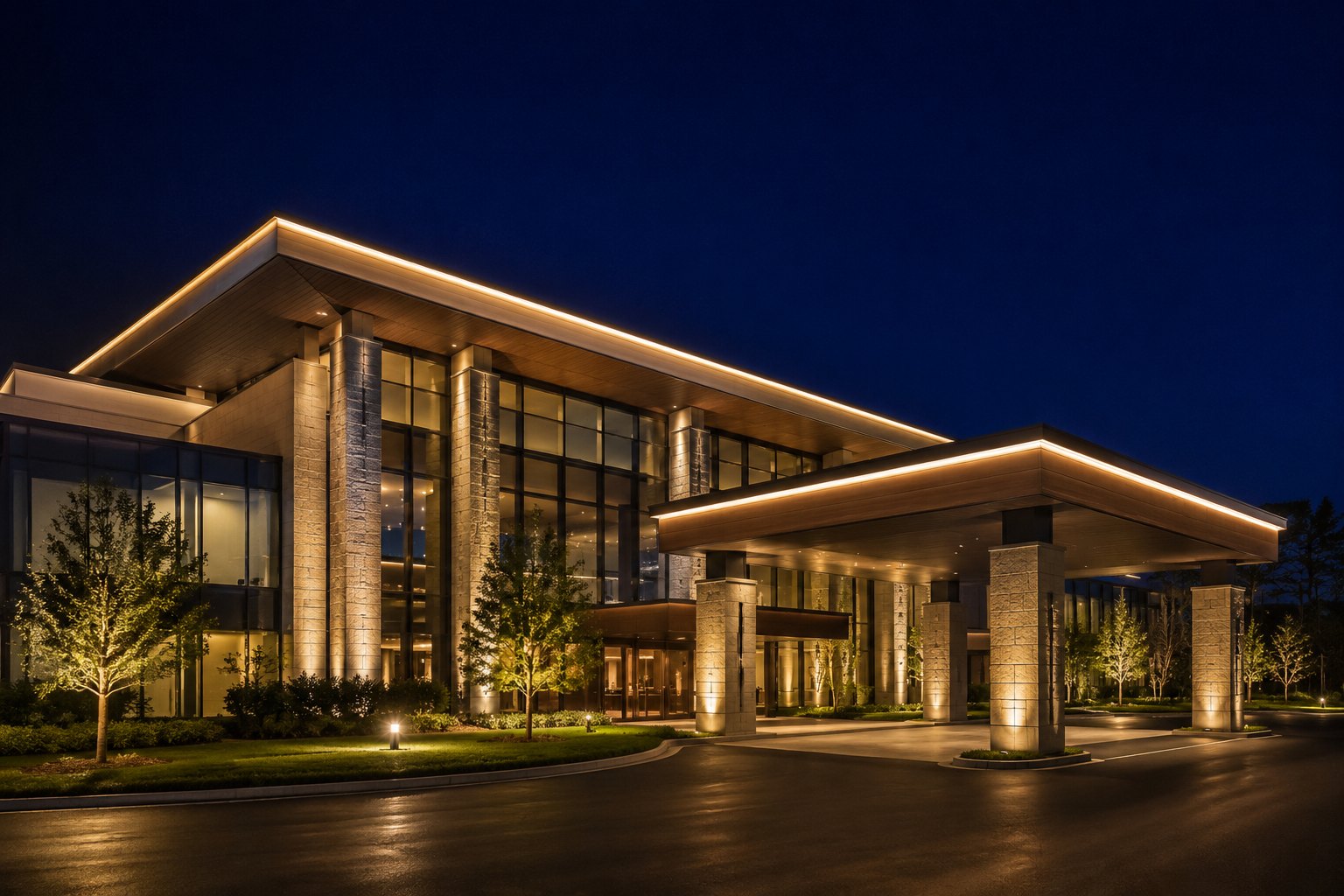Modern Atlanta commercial building with warm-white architectural roofline and column lighting at night