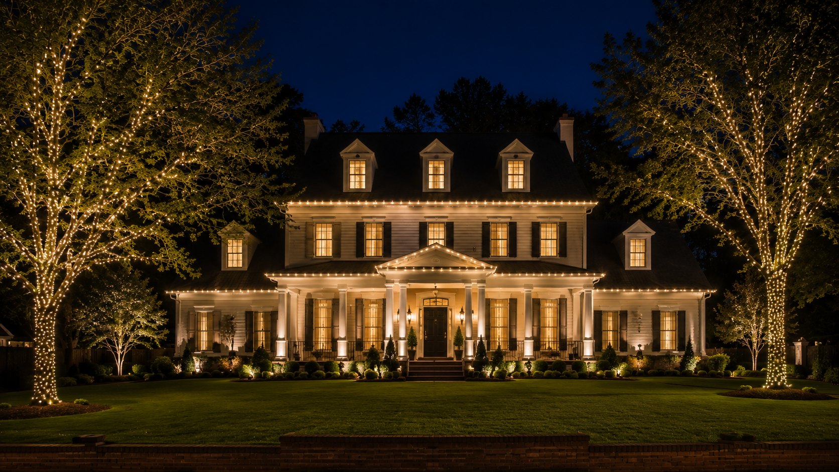 Luxury Atlanta home with warm-white roofline lighting and lit trees at night