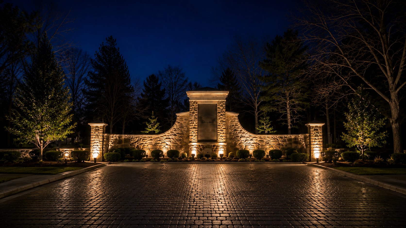 Stone HOA community entrance with warm-white Christmas lighting and lit evergreens