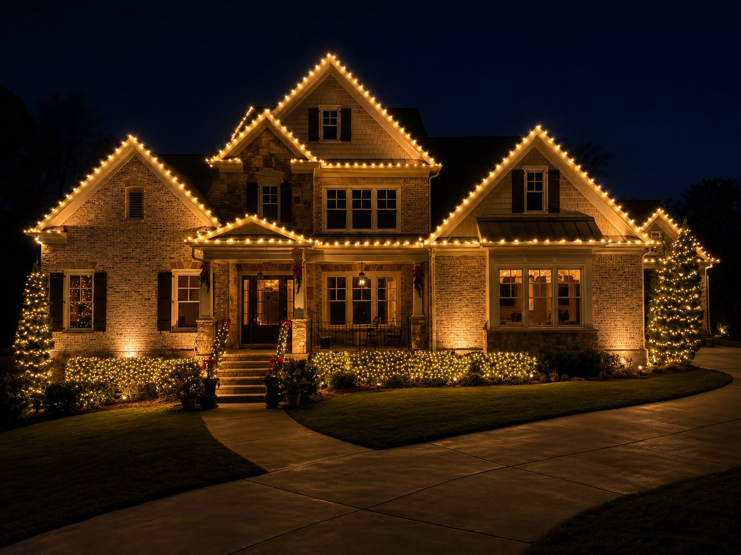 Atlanta home with professional warm-white Christmas roofline lighting at night