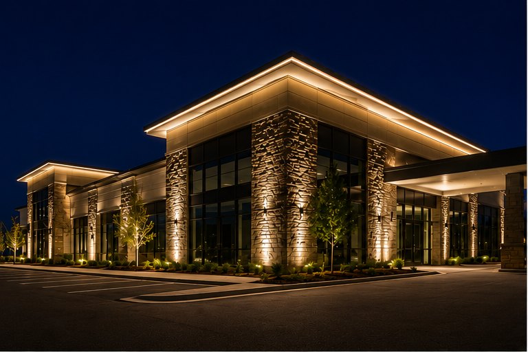 Modern commercial building with permanent warm-white architectural LED lighting at night
