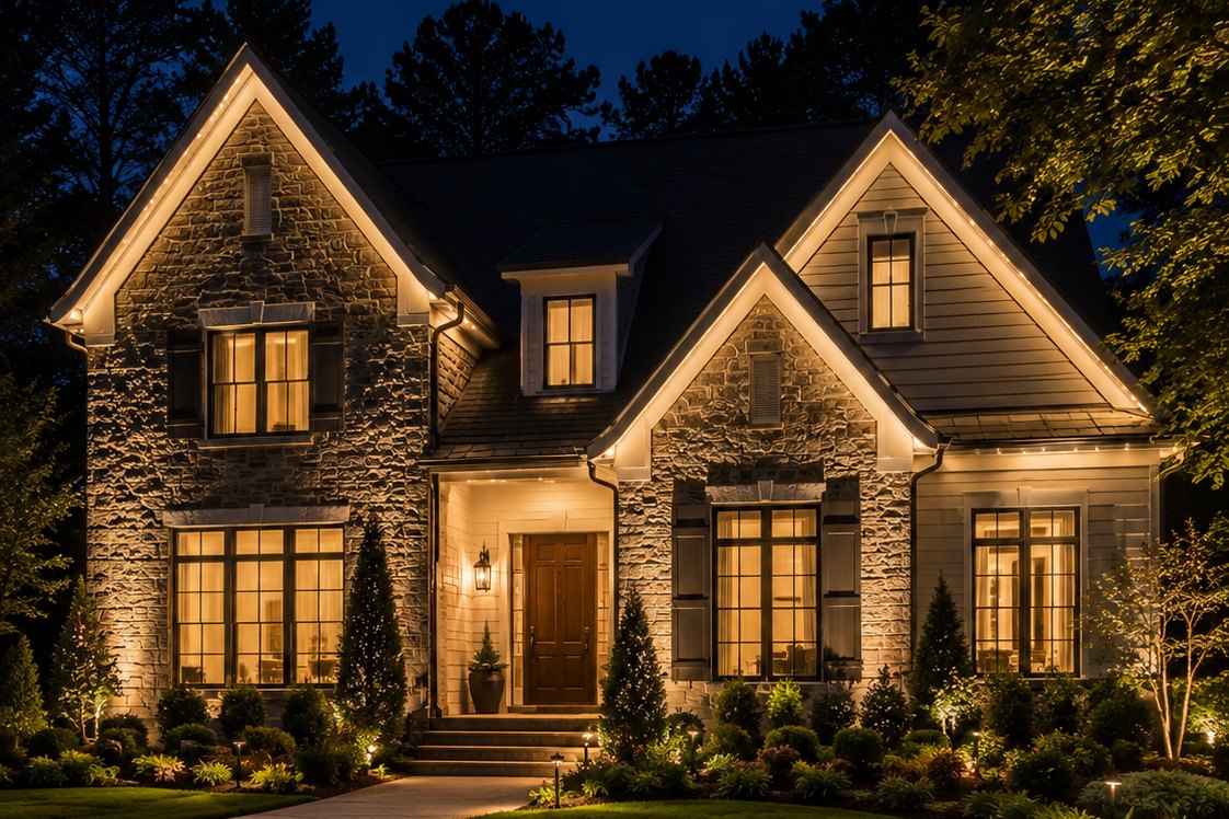 Upscale Georgia home with permanent warm-white LED roofline lighting at night